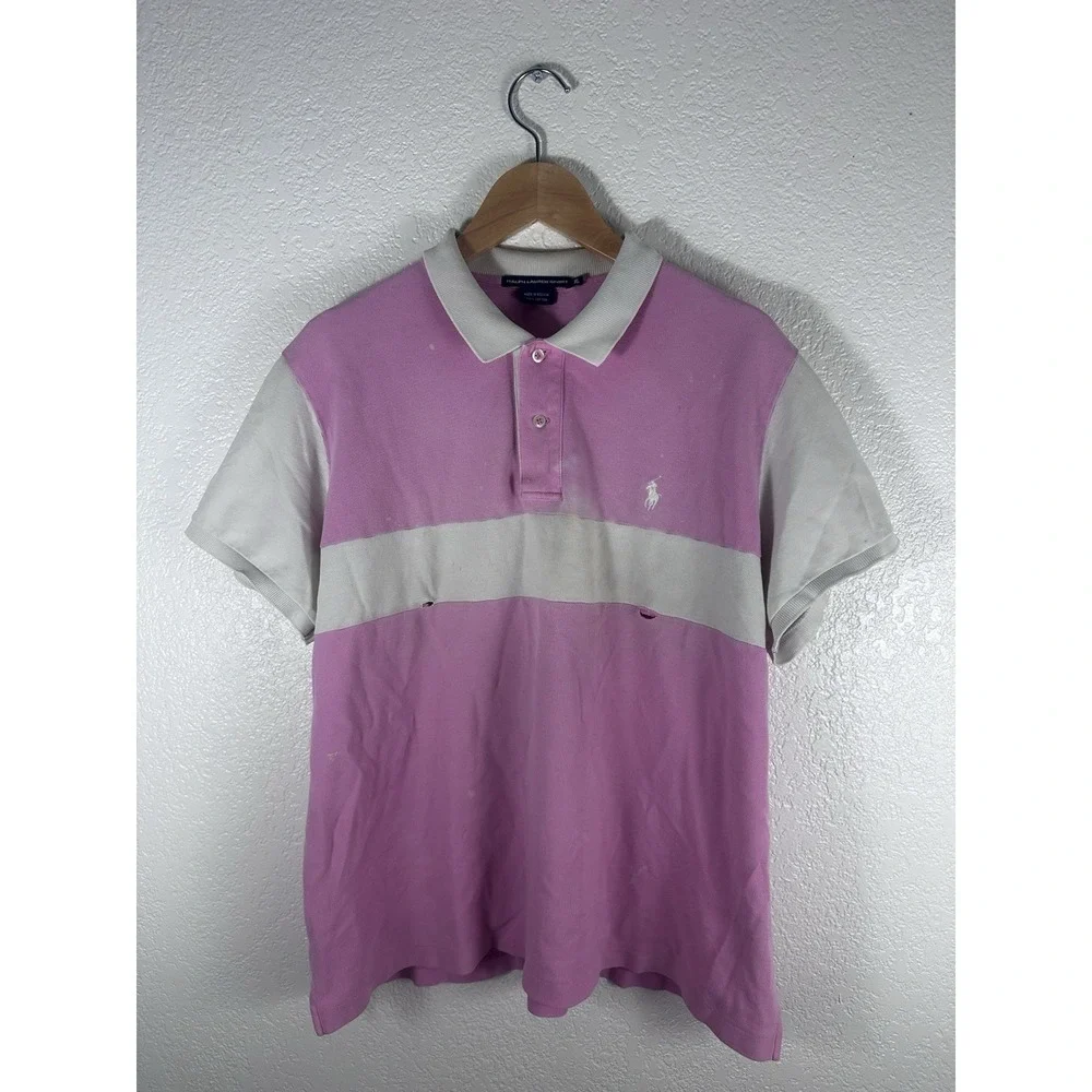Polo Ralph Lauren Sport Rugby Polo Shirt Pink White Colorblock XL Distressed